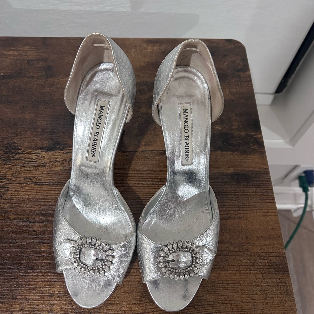 Manolo Blahnik Silver D’Orsay Rhinestone Heels 37.5
